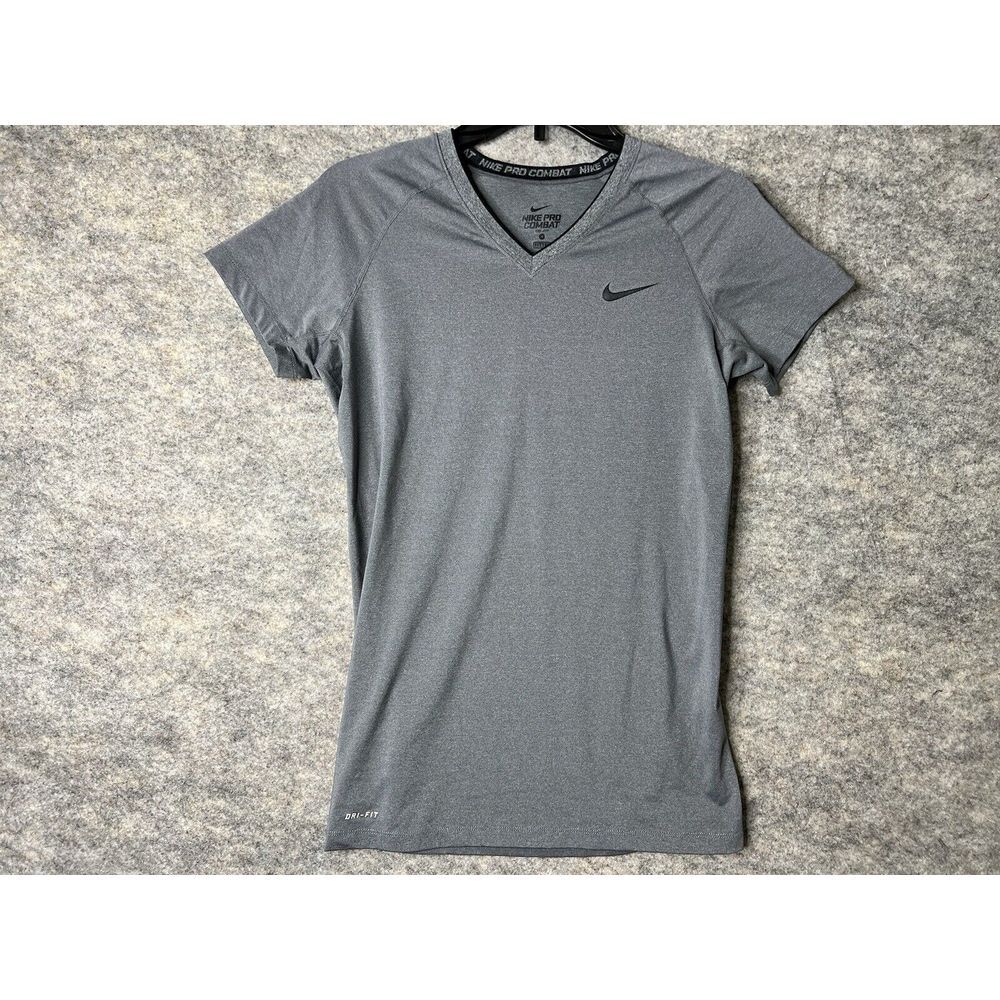 Nike Pro Combat Shirt Womens Medium Gray Fitted V Neck Dri Fit Athletic Workout